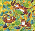 Tropical seamless pattern with funny tigers in cartoon style. Vector illustration