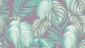 Tropical seamless pattern, green Dypsis lutescens or yellow palm, dumbcane and green Calathea orbifolia leaves on purple