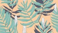 Tropical seamless pattern, green Dypsis lutescens or yellow palm with flowers on orange background