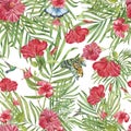 Tropical seamless pattern with hibiscus, leaves, butterflies and hummingbirds. Watercolor summer print. Exotic floral illustration