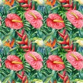 Tropical seamless pattern. Hummingbird, flowers and monstera leaves background. Watercolor illustration Royalty Free Stock Photo