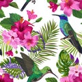 Tropical Seamless Pattern with Hummingbirds, HibisÃÂus Flowers and Palm Leaves. Floral Background with Birds for Fabric