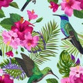 Tropical Seamless Pattern with Hummingbirds, HibisÃÂus Flowers and Palm Leaves. Floral Background with Birds for Fabric