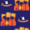 Summer seamless pattern with sun palms and surfers