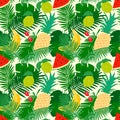 Tropical seamless pattern with jungle leaves and fruit, trendy floral background.