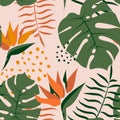 Tropical seamless pattern with jungle plants, monstera, palm leaves, bird of paradise flowers.