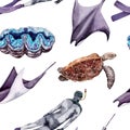 Tropical seamless pattern with manta ray, sea turtle, giant clam and a diver. Hand drawn watercolor illustration isolated on white
