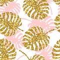 Tropical seamless pattern with monstera leaves and golden glitter texture. Royalty Free Stock Photo