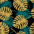 Tropical seamless pattern with monstera leaves and golden glitter texture. Royalty Free Stock Photo