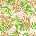 Tropical seamless pattern with monstera leaves and golden glitter texture. Royalty Free Stock Photo