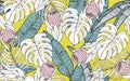 Tropical seamless pattern with palm leaves and exotic protea. Vector