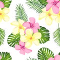 Tropical seamless pattern with palm leaves and flowers. Vector illustration