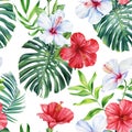 Tropical seamless pattern Palm leaves, Jungle monstera leaf, hibiscus flower Exotic green plant watercolor painting Royalty Free Stock Photo