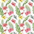 Tropical seamless pattern with palm leaves, pink flamingos, red hibiscus flowers and seashells on a white background Royalty Free Stock Photo