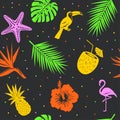 Tropical seamless pattern with palm leaves seashell coconut flamingo, toucan pineapple Royalty Free Stock Photo