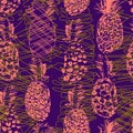 Tropical seamless pattern with pineapple freehand drawing in boho colors.