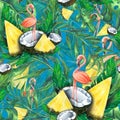 Tropical seamless pattern with pineapple slices, coconut, pink flamingo and leaves of tropical plants, on a blue Royalty Free Stock Photo