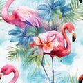 Tropical Seamless Pattern with Pink Flamingo Birds. AI generated Illustration Royalty Free Stock Photo