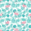 Tropical seamless pattern with pink flamingos and green palm leaves. Vector design.