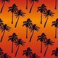 Tropical seamless pattern - purple and purple palms trees on an orange background