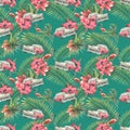 Tropical, seamless pattern with retro car, pink flamingo, palm leaves and trees, hibiscus flowers. Watercolor Royalty Free Stock Photo