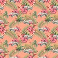 Tropical, seamless pattern with retro car, pink flamingo, palm leaves and trees, hibiscus flowers. Watercolor Royalty Free Stock Photo