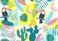 Tropical seamless pattern with toucan, flamingos, cactuses and exotic leaves.