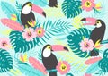 Tropical seamless pattern with toucans, exotic leaves and flowers. Royalty Free Stock Photo