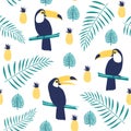 Tropical seamless pattern with toucans, exotic leaves and pineapples. Royalty Free Stock Photo