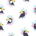 Tropical seamless pattern with toucans, exotic leaves and pineapples. Vector illustration Royalty Free Stock Photo