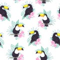 Tropical seamless pattern with toucans, exotic leaves and pineapples. Vector illustration