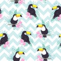 Tropical seamless pattern with toucans, exotic leaves and pineapples. Vector illustration Royalty Free Stock Photo