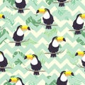 Tropical seamless pattern with toucans, exotic leaves and pineapples. Vector illustration