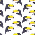 Tropical seamless pattern with toucans, exotic leaves and pineapples. Vector illustration