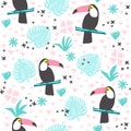 Tropical seamless pattern with toucans, exotic leaves.