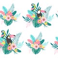 Tropical seamless pattern with toucans, parrot, exotic leaves and flowers.
