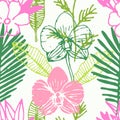 Tropical seamless pattern with frangipani, palm leaves, orchid flower. Royalty Free Stock Photo