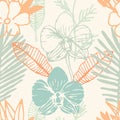 Tropical seamless pattern with frangipani, palm leaves, orchid flower. Royalty Free Stock Photo