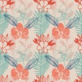 Tropical seamless pattern with frangipani, palm leaves, orchid flower. Royalty Free Stock Photo