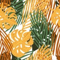 Tropical seamless pattern on white background. Colorful hand drawn leaves of monstera, banana and palm for design fabric Royalty Free Stock Photo