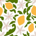 Tropical seamless pattern with yellow lemons and blossom. Fruit repeated background. Vector bright print for fabric or Royalty Free Stock Photo