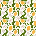 Tropical seamless pattern with yellow lemons and blossom. Fruit repeated background. Vector bright print for fabric or Royalty Free Stock Photo