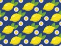 Tropical seamless pattern with yellow lemons on the blue background. Fruit repeated background. Vector bright print for Royalty Free Stock Photo