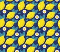 Tropical seamless pattern with yellow lemons on the blue background. Fruit repeated background. Vector bright print for Royalty Free Stock Photo