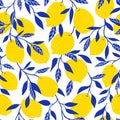 Tropical seamless pattern with yellow lemons. Fruit background. Vector bright print for fabric or wallpaper. Royalty Free Stock Photo