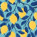 Tropical seamless pattern with yellow lemons. Fruit repeated background. Vector bright print for fabric or wallpaper.