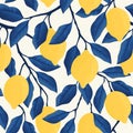 Tropical seamless pattern with yellow lemons. Fruit repeated background. Vector bright print for fabric or wallpaper. Royalty Free Stock Photo