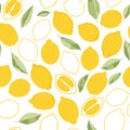 Tropical seamless pattern with yellow lemons,green leaves and lemon slices. Hand drawn pattern on white background. Royalty Free Stock Photo