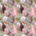 Tropical seamless vintage pattern, palm leaves, orchid flowers and birds. Exotic jungle wallpaper. hand drawn botanical Royalty Free Stock Photo