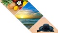 Tropical seascape and exotic fruits on the sandy beach. Collage for travel advertising. Free space for text Royalty Free Stock Photo